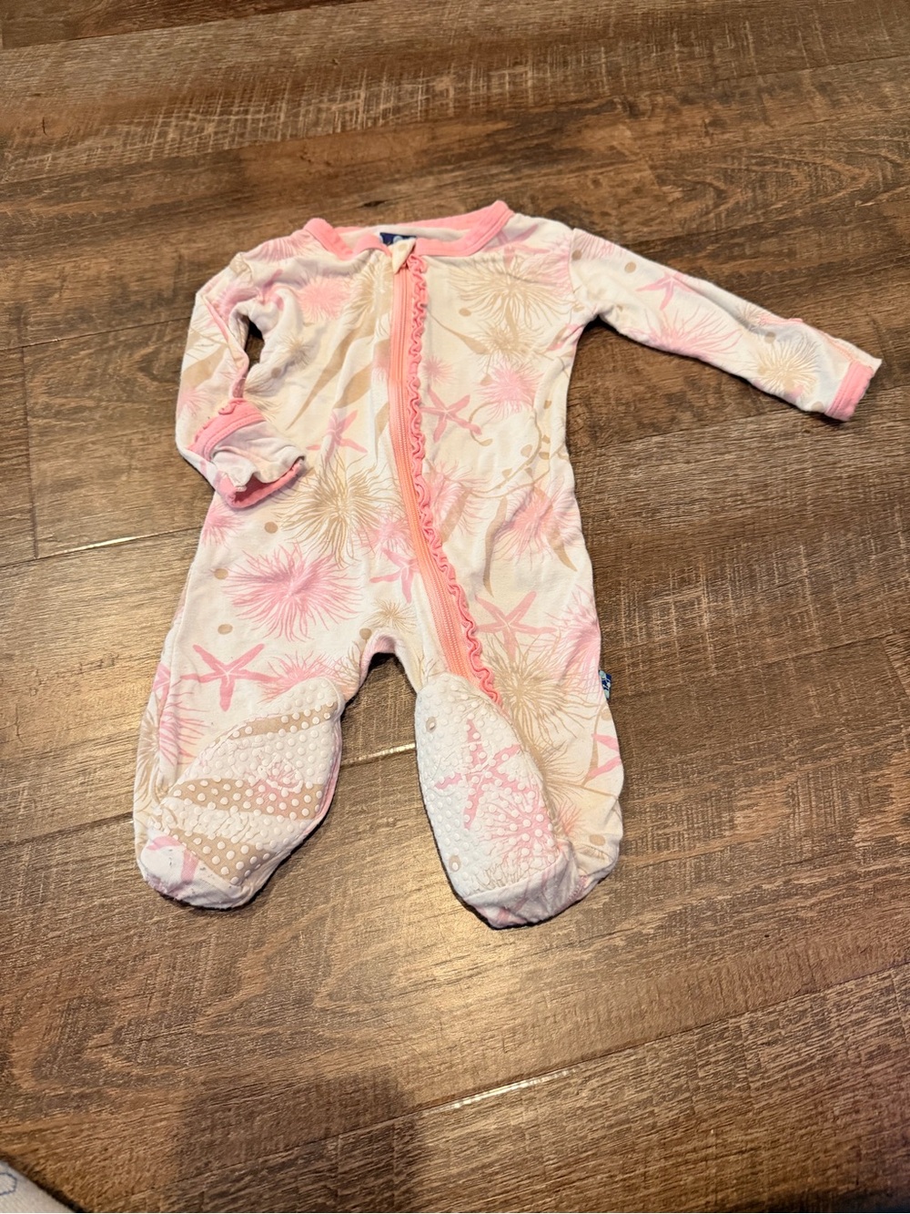 Kickee Pants Bamboo Footie Sleeper Pink Starfish Print Ruffle PJ Zipup3-6 Month
